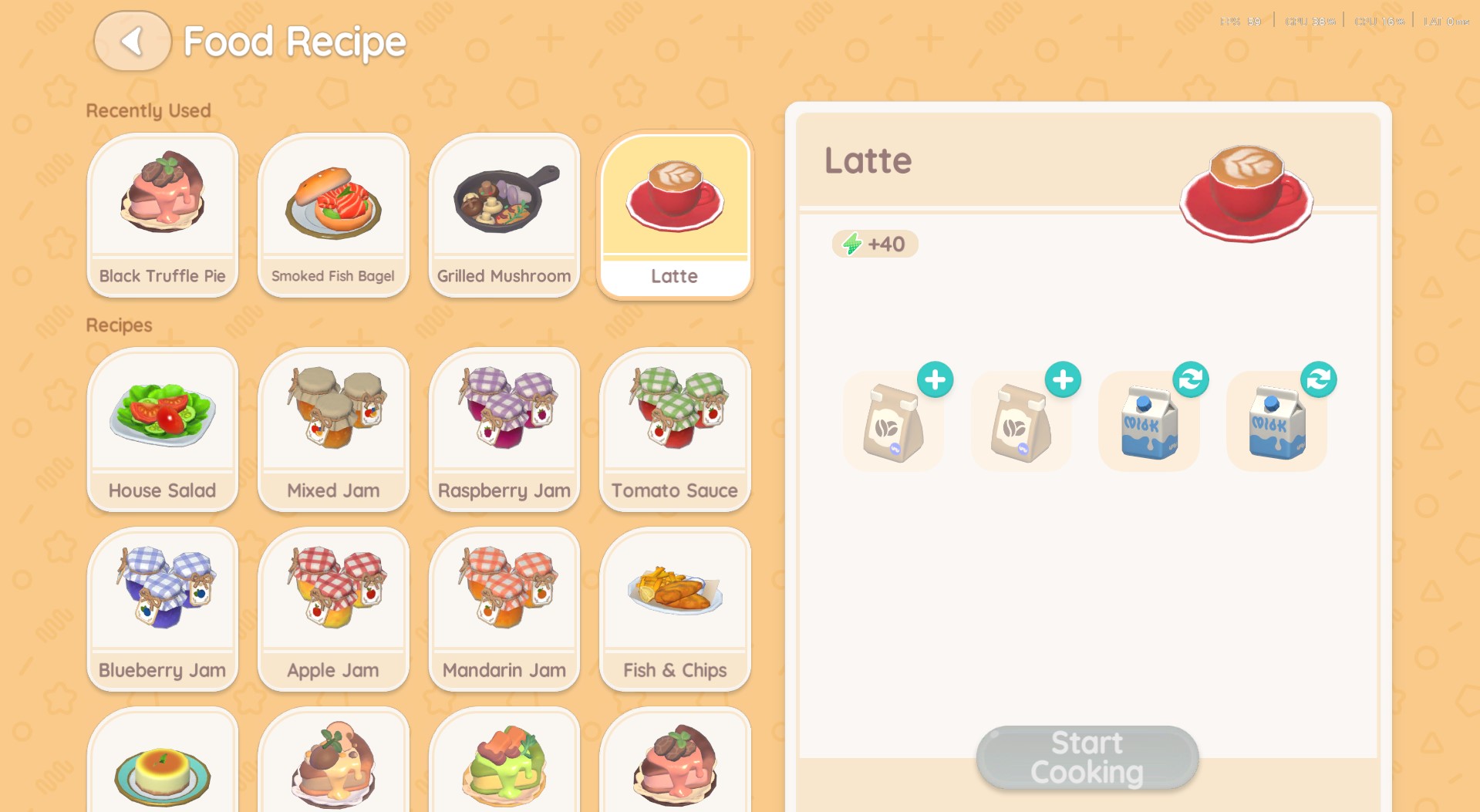 The unlocked Latte recipe in the cooking menu.