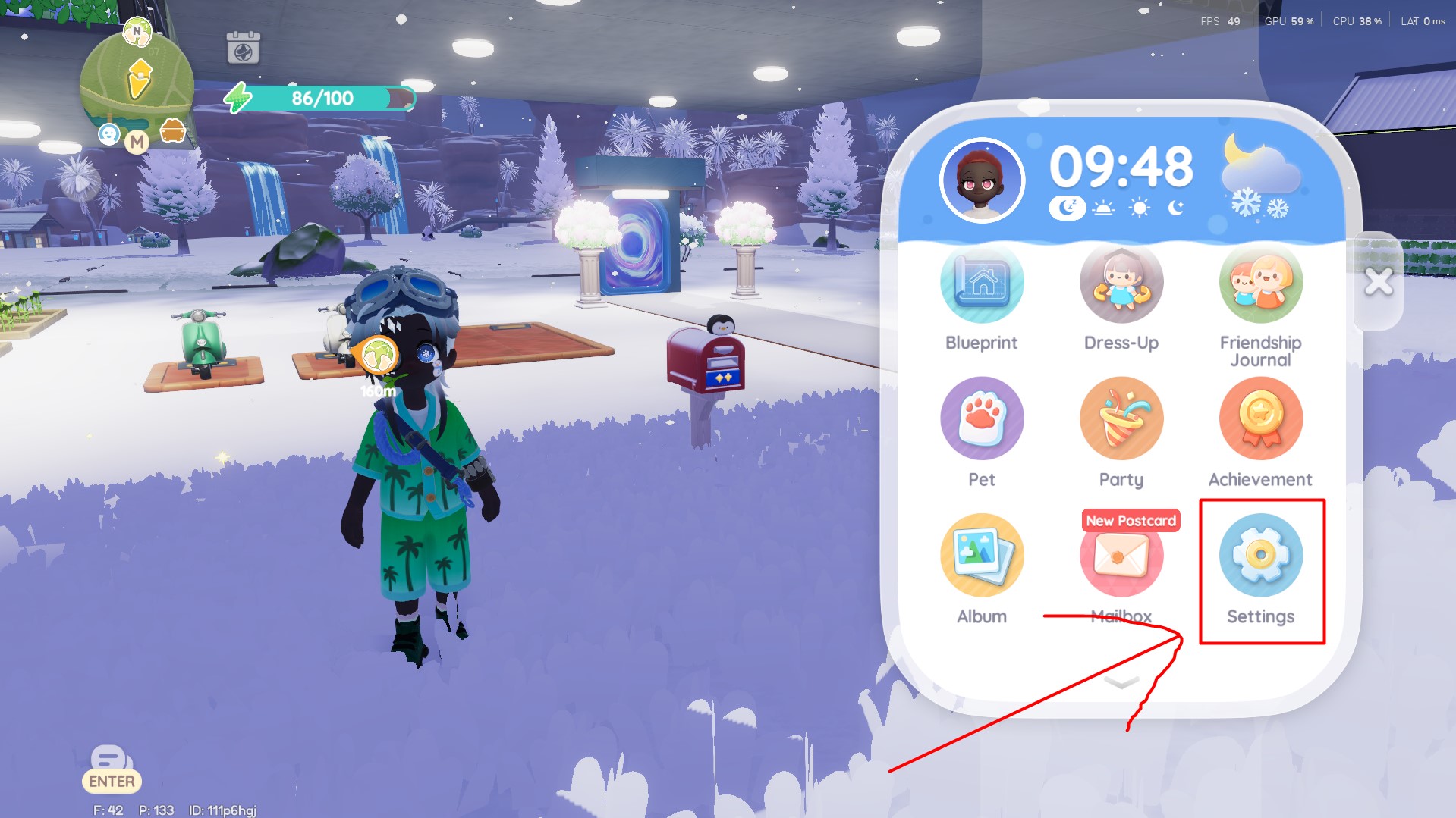 Heartopia main menu interface with the Settings gear icon highlighted.