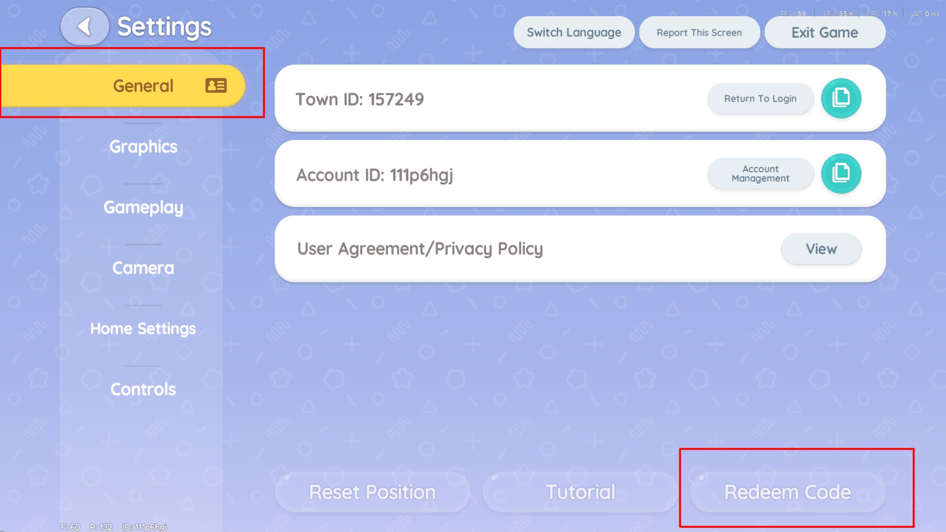 Heartopia Settings window showing the General tab selected on the left sidebar.